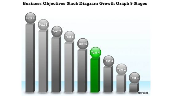 Theme Objectives Stack Diagram Growth Graph 9 Stages Business Plan PowerPoint Slides