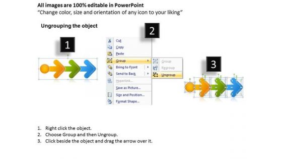 Three Stages Arrow Even Flow Process Digarm Po Chart PowerPoint Slides