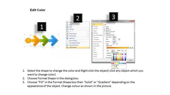 Three Stages Arrow Even Flow Process Digarm Po Chart PowerPoint Slides