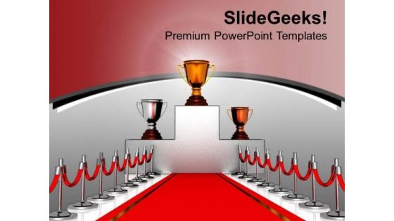 Trophies On Podium With Red Carpet PowerPoint Templates Ppt Backgrounds For Slides 0213