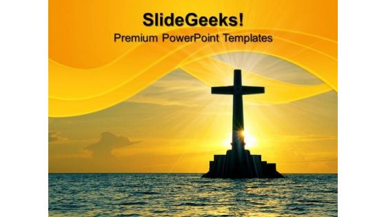 Tropical Sunset With Cross Christ Religion PowerPoint Templates And PowerPoint Themes 0712