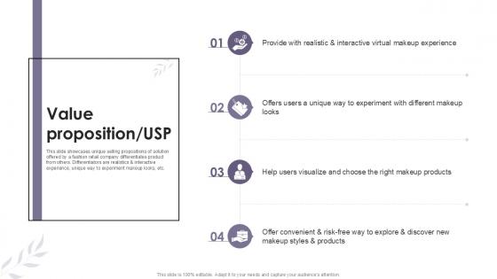 Value Proposition USP Cosmetic Products Platform Investor Ppt Sample
