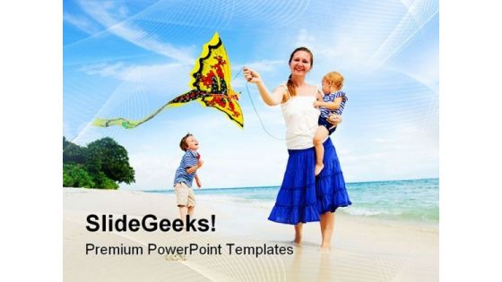Woman Flying Kite With Children Beach PowerPoint Templates And PowerPoint Backgrounds 0311