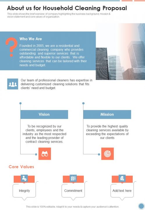 About Us For Household Cleaning Proposal One Pager Sample Example Document Slide01