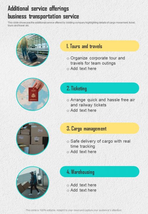Additional Service Offerings Business Transportation Service One Pager Sample Example Document Slide01