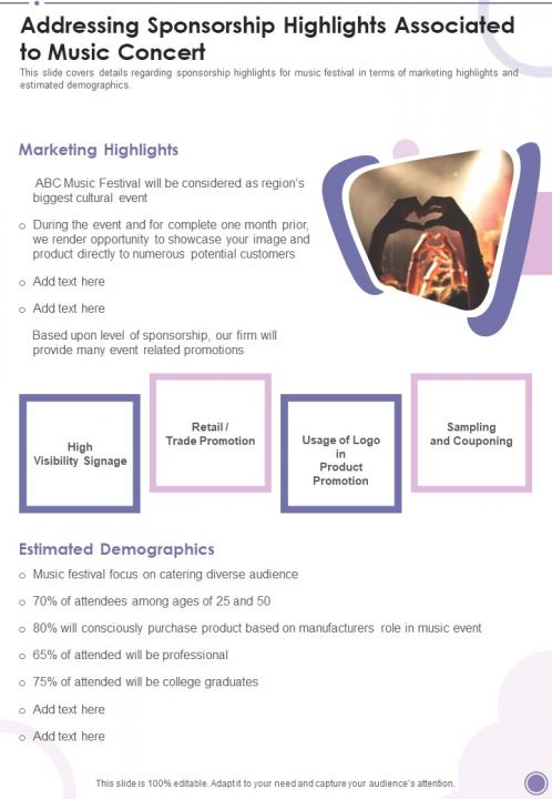 Addressing Sponsorship Highlights Associated To Music Concert One Pager Sample Example Document Slide01