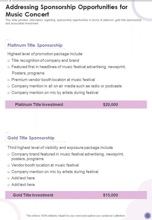Addressing Sponsorship Opportunities For Music Concert One Pager Sample Example Document Slide01