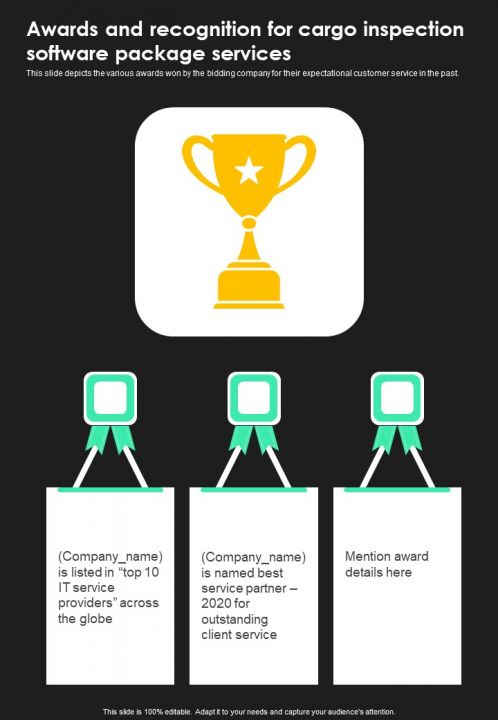 Awards And Recognition For Cargo Inspection Software Package Services One Pager Sample Example Document Slide01