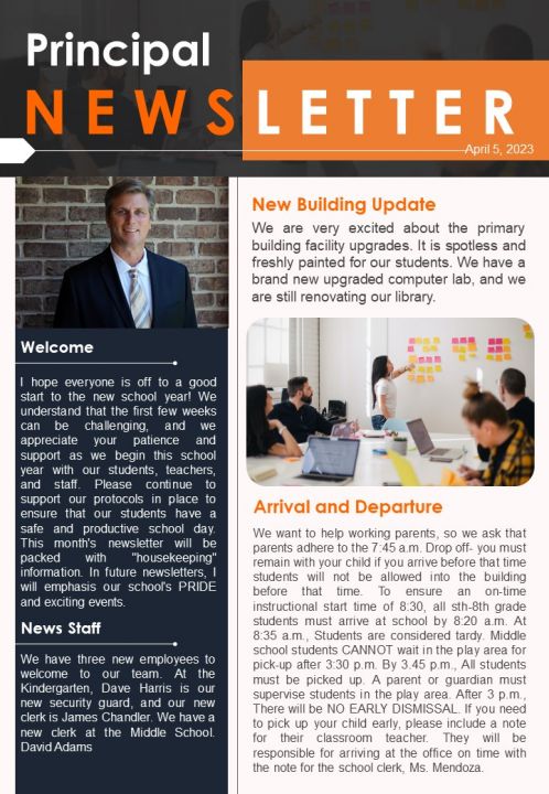 Bifold One Pager School Principal Monthly Updates Newsletter Template Slide01