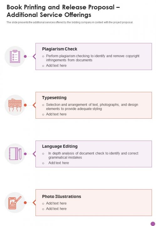 Book Printing And Release Proposal Additional Service Offerings One Pager Sample Example Document Slide01