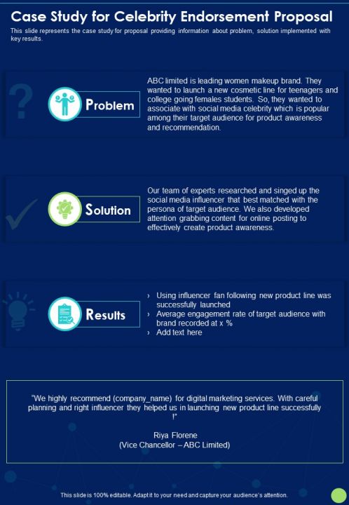 Case Study For Celebrity Endorsement Proposal One Pager Sample Example Document Slide01