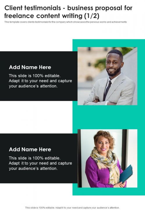 Client Testimonials Business Proposal For Freelance Content Writing One Pager Sample Example Document Slide01