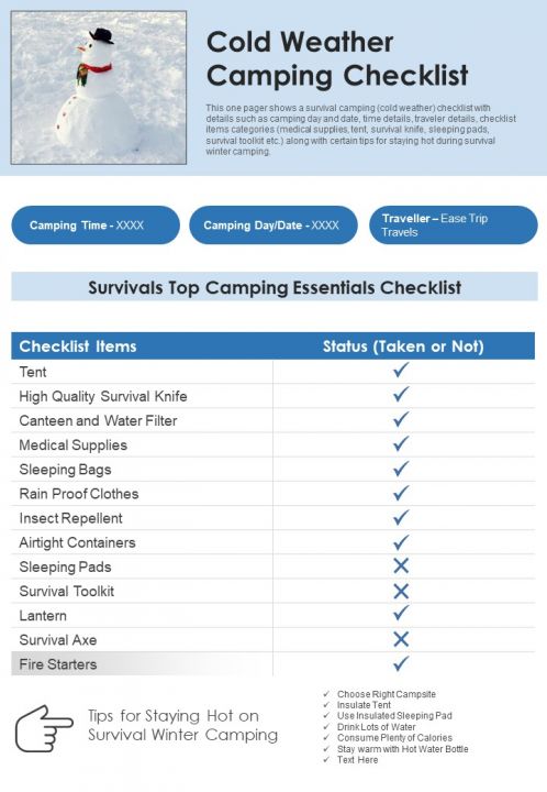 Cold Weather Camping Checklist PDF Document PPT Template Slide01