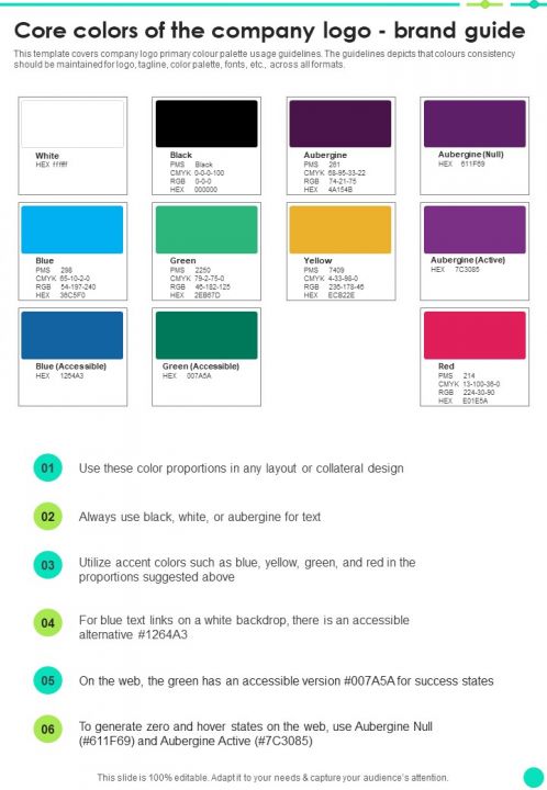 Core Colors Of The Company Logo Brand Guide One Pager Sample Example Document Slide01