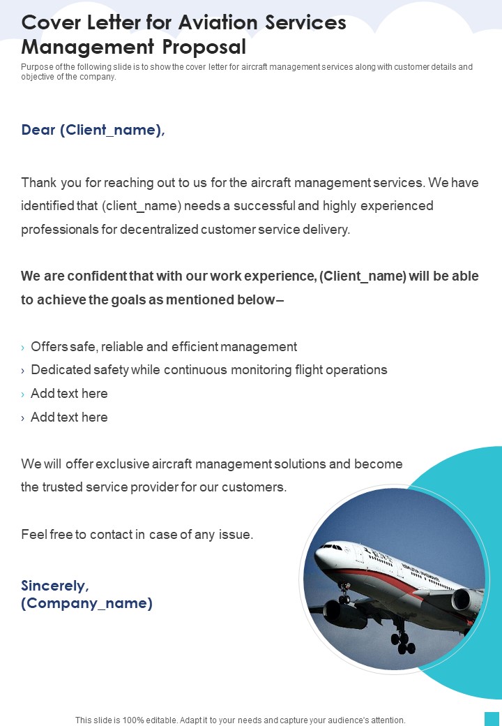 Cover Letter For Aviation Services Management Proposal One Pager Sample Example Document Slide01