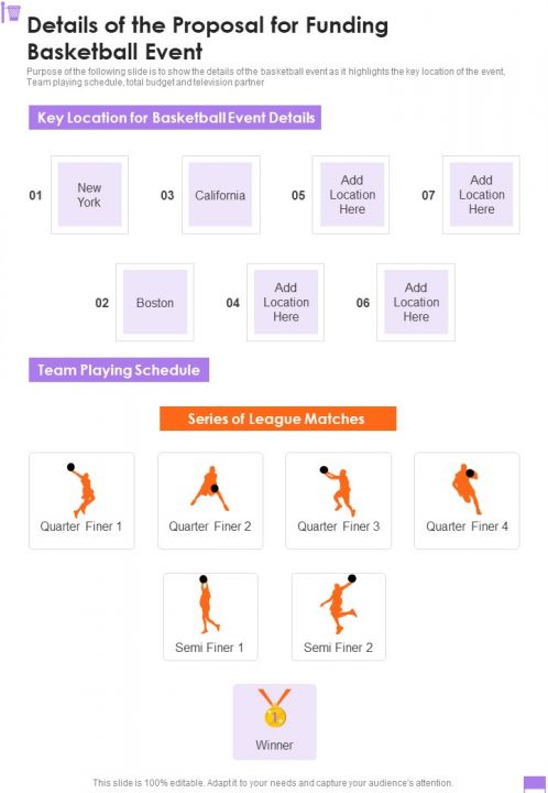 Details Of The Proposal For Funding Basketball Event One Pager Sample Example Document Slide01
