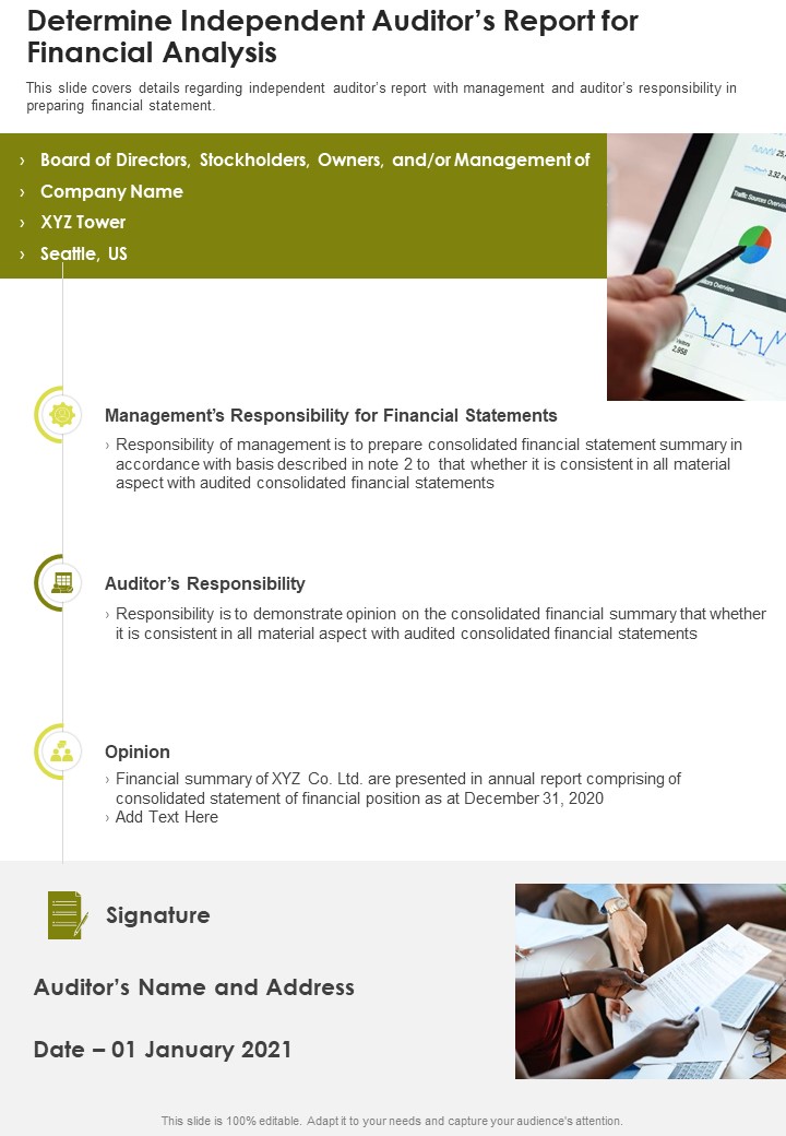 Determine Independent Auditors Report For Financial Analysis Template 40 One Pager Documents Slide01