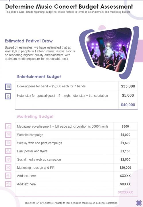 Determine Music Concert Budget Assessment One Pager Sample Example Document Slide01