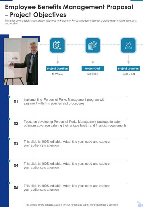Employee Benefits Management Proposal Project Objectives One Pager Sample Example Document Slide01