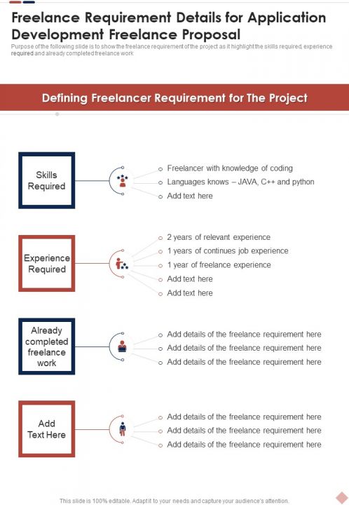 Freelance Requirement Details For Application Development Freelance Proposal One Pager Sample Example Document Slide01