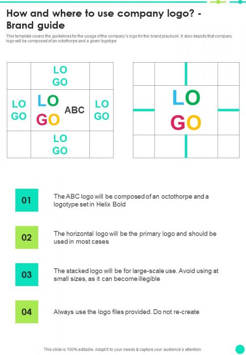 How And Where To Use Company Logo Brand Guide One Pager Sample Example Document Slide01