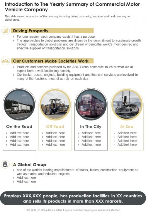 Introduction To The Yearly Summary Of Commercial Motor Vehicle Company One Pager Documents Slide01