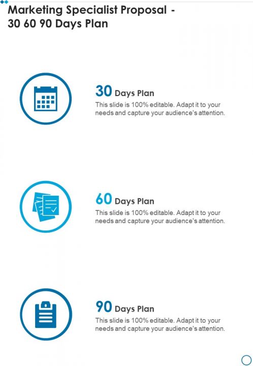 Marketing Specialist Proposal 30 60 90 Days Plan One Pager Sample Example Document Slide01
