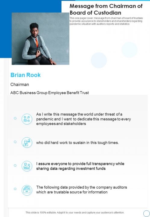 Message From Chairman Of Board Of Custodian One Pager Documents Slide01