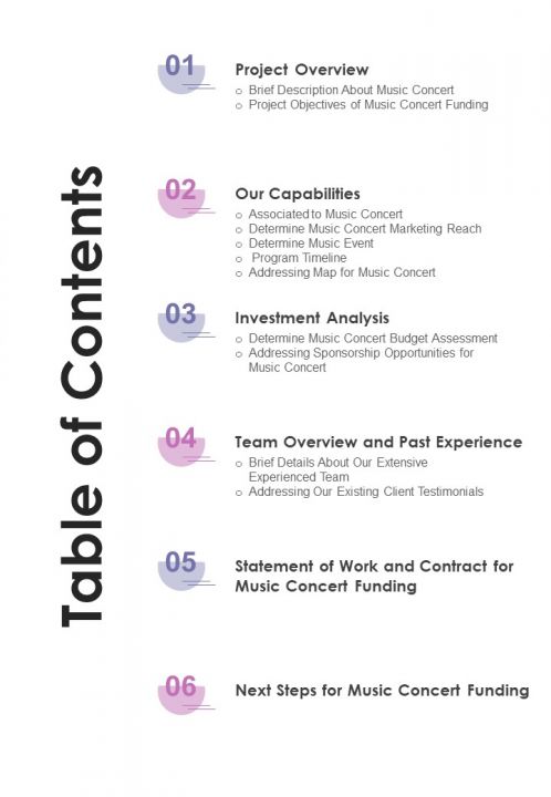 Music Concert Funding Proposal Table Of Contents One Pager Sample Example Document Slide01