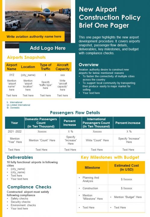 New Airport Construction Policy Brief One Pager PDF Document PPT Template Slide01
