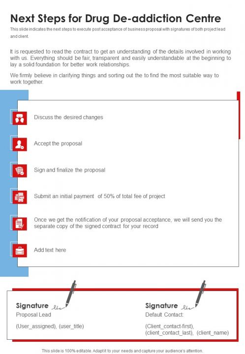 Next Steps For Drug De Addiction Centre One Pager Sample Example Document Slide01