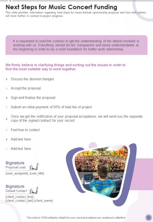 Next Steps For Music Concert Funding One Pager Sample Example Document Slide01