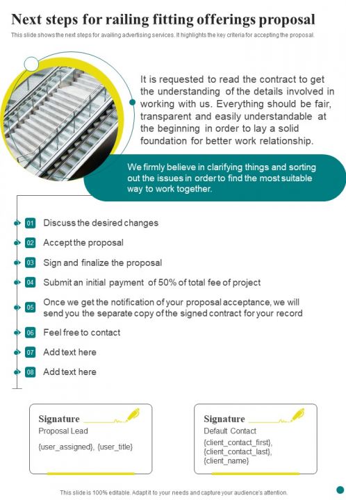 Next Steps For Railing Fitting Offerings Proposal One Pager Sample Example Document Slide01