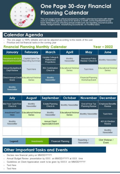One Page 30 Day Financial Planning Calendar PDF Document PPT Template Slide01