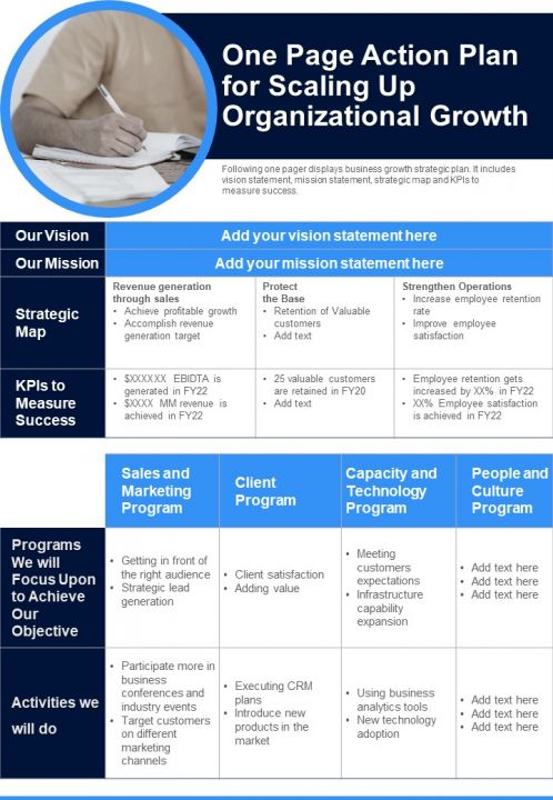One Page Action Plan For Scaling Up Organizational Growth PDF Document PPT Template Slide01