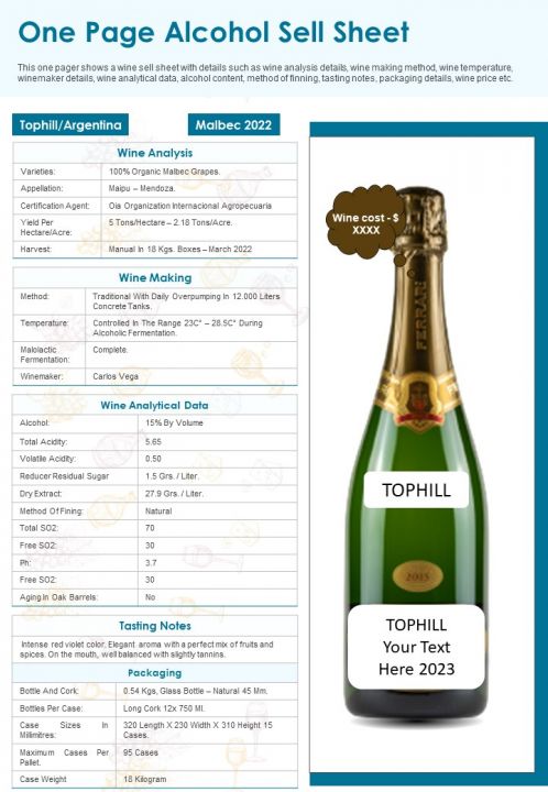 One Page Alcohol Sell Sheet PDF Document PPT Template Slide01