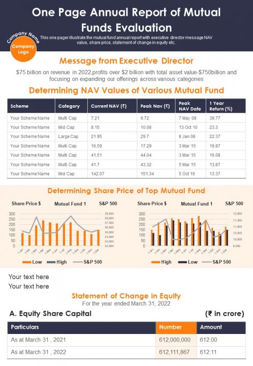 One Page Annual Report Of Mutual Funds Evaluation PDF Document PPT Template Slide01