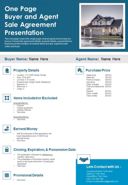 One Page Buyer And Agent Sale Agreement Presentation PDF Document PPT Template Slide01