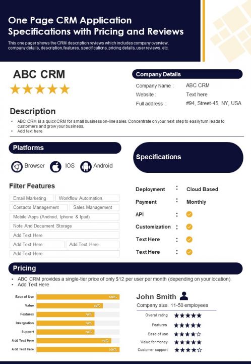 One Page CRM Application Specifications With Pricing And Reviews PDF Document PPT Template Slide01