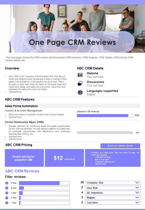 One Page CRM Reviews PDF Document PPT Template Slide01
