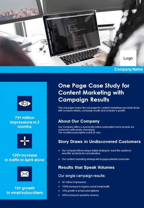 One Page Case Study For Content Marketing With Campaign Results PDF Document PPT Template Slide01