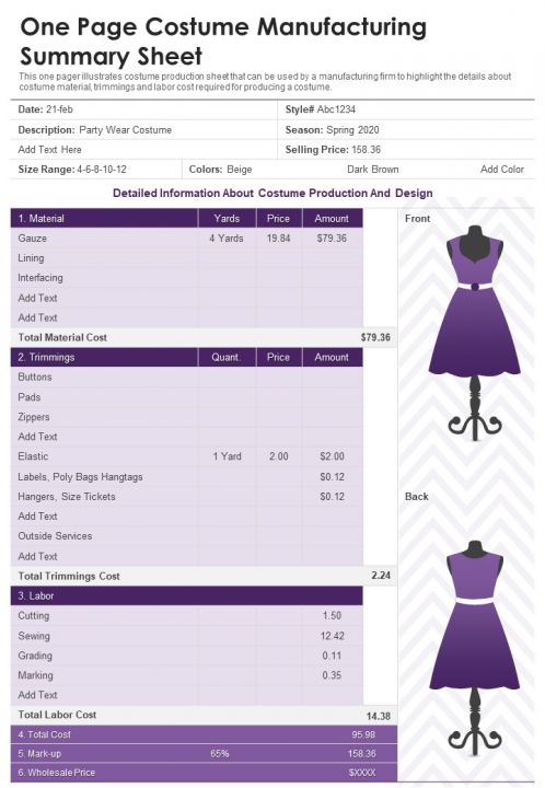 One Page Costume Manufacturing Summary Sheet PDF Document PPT Template Slide01