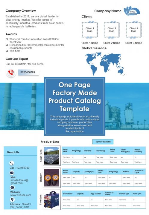 One Page Factory Made Product Catalog Template PDF Document PPT Template Slide01