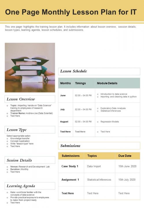 One Page Monthly Lesson Plan For IT PDF Document PPT Template Slide01