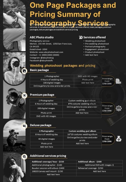 One Page Packages And Pricing Summary Of Photography Services PDF Document PPT Template Slide01
