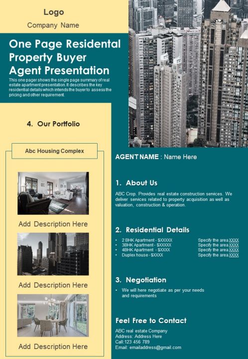 One Page Residental Property Buyer Agent Presentation PDF Document PPT Template Slide01