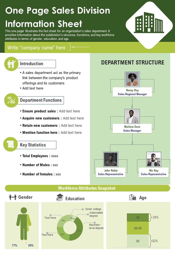 One Page Sales Division Information Sheet PDF Document PPT Template Slide01