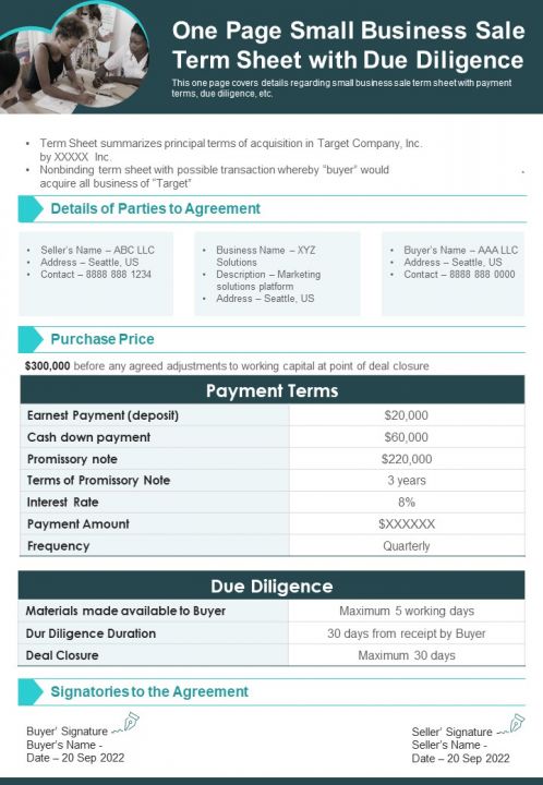 One Page Small Business Sale Term Sheet With Due Diligence PDF Document PPT Template Slide01
