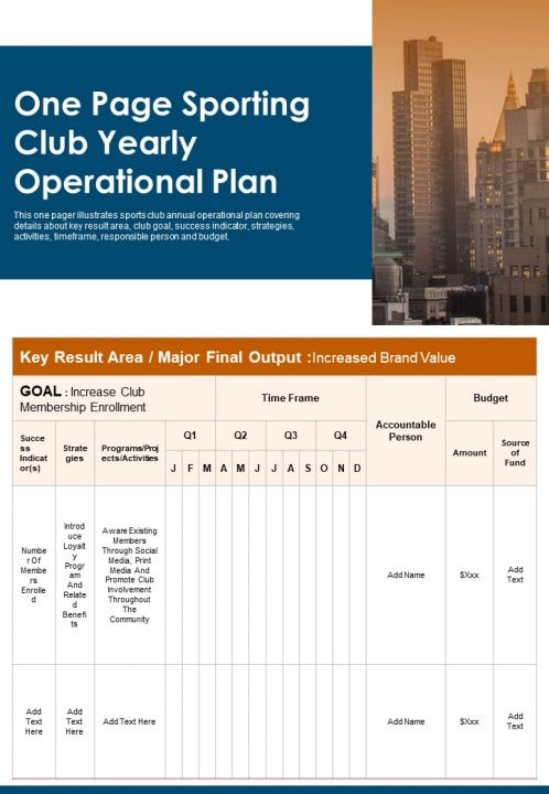 One Page Sporting Club Yearly Operational Plan PDF Document PPT Template Slide01