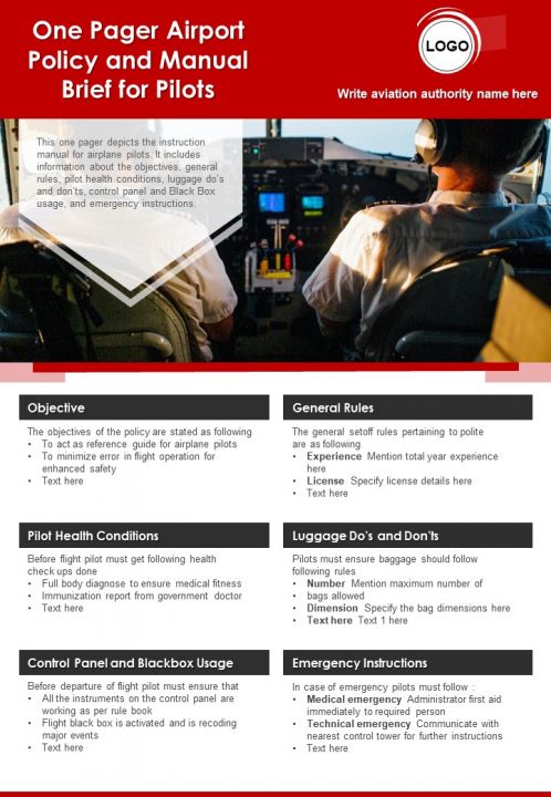 One Pager Airport Policy And Manual Brief For Pilots PDF Document PPT Template Slide01